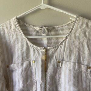 100% Linen Women's Medium Breezy Cream and White Striped Tunic w Gold Accents